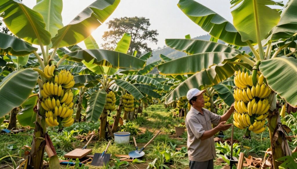 A lush green banana farm under bright, sunny skies, with rows of banana plants displaying vibrant yellow clusters of bananas. In the foreground, a farmer in modest casual clothing inspects the ripe bananas, symbolizing sustainable protein sourcing. The middle ground features a variety of organic farming tools, emphasizing eco-friendly practices. Tall trees and gentle hills form the background, highlighting the harmonious relationship between agriculture and nature. Soft sunlight filters through the leaves, casting a warm and inviting glow across the scene. The overall mood is optimistic and vibrant, representing the positive environmental impact of banana protein production, encouraging a future of sustainable farming practices. The image should be captured from a slightly elevated angle, showcasing the vastness of the farm.