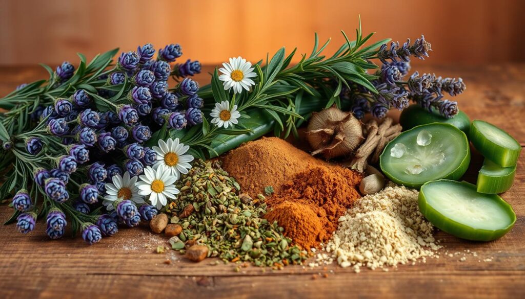 A lush, natural still life arrangement showcasing an array of skin care ingredients on a rustic wooden surface. In the foreground, an assortment of whole, freshly-picked botanicals such as lavender sprigs, chamomile flowers, rosemary leaves, and sliced aloe vera leaves. In the middle ground, a scattering of crushed herbs, powders, and oils in earthy hues of green, brown, and amber, evoking the purity and potency of natural skin care. The background is softly lit, with warm, diffused lighting casting a gentle glow over the scene, emphasizing the inherent beauty and efficacy of these natural ingredients. The overall mood is serene, wholesome, and inviting, reflecting the essence of the Whitney Rose Skin Care line.
