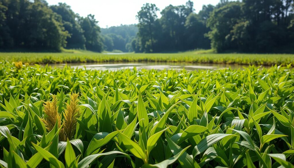 A lush, verdant field in soft, diffused natural light. In the foreground, an array of eco-friendly leaf alternatives - bamboo, seagrass, and paper-based compostable leaves, their textures and shapes mimicking the natural patterns of foliage. In the middle ground, a serene pond reflects the greenery, creating a sense of harmony between the natural and sustainable elements. In the background, a distant forest canopy provides a sense of depth and connection to the larger ecosystem. The overall mood is one of tranquility, sustainability, and a reverence for the natural world. A lush, verdant field in soft, diffused natural light. In the foreground, an array of eco-friendly leaf alternatives - bamboo, seagrass, and paper-based compostable leaves, their textures and shapes mimicking the natural patterns of foliage. In the middle ground, a serene pond reflects the greenery, creating a sense of harmony between the natural and sustainable elements. In the background, a distant forest canopy provides a sense of depth and connection to the larger ecosystem. The overall mood is one of tranquility, sustainability, and a reverence for the natural world.