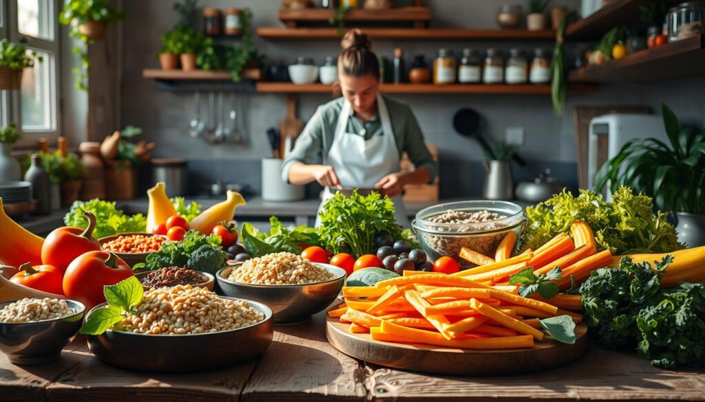 A lush, vibrant kitchen scene with an array of fresh, colorful ingredients and healthy dishes. In the foreground, a variety of whole grains, vegetables, and lean proteins are neatly arranged on a rustic wooden table, casting warm, natural lighting. In the middle ground, a chef in a crisp white apron is meticulously preparing a nutritious meal, using precise culinary techniques. The background features a well-stocked pantry, with jars of spices and herbs lining the shelves, conveying a sense of balance and control. The overall mood is one of wellness, empowerment, and a holistic approach to managing PCOS symptoms through diet and lifestyle changes.