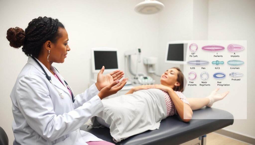 A medical examination room with a patient lying on a table, discussing various contraceptive devices with a doctor. The room is brightly lit, with clean white walls and modern medical equipment visible in the background. The doctor is gesturing towards a selection of contraceptive devices, including IUDs, implants, and prescription medications, while the patient appears engaged and attentive. The scene conveys a sense of trust, open communication, and a focus on the patient's personal experiences and concerns regarding contraceptive options. A medical examination room with a patient lying on a table, discussing various contraceptive devices with a doctor. The room is brightly lit, with clean white walls and modern medical equipment visible in the background. The doctor is gesturing towards a selection of contraceptive devices, including IUDs, implants, and prescription medications, while the patient appears engaged and attentive. The scene conveys a sense of trust, open communication, and a focus on the patient's personal experiences and concerns regarding contraceptive options.