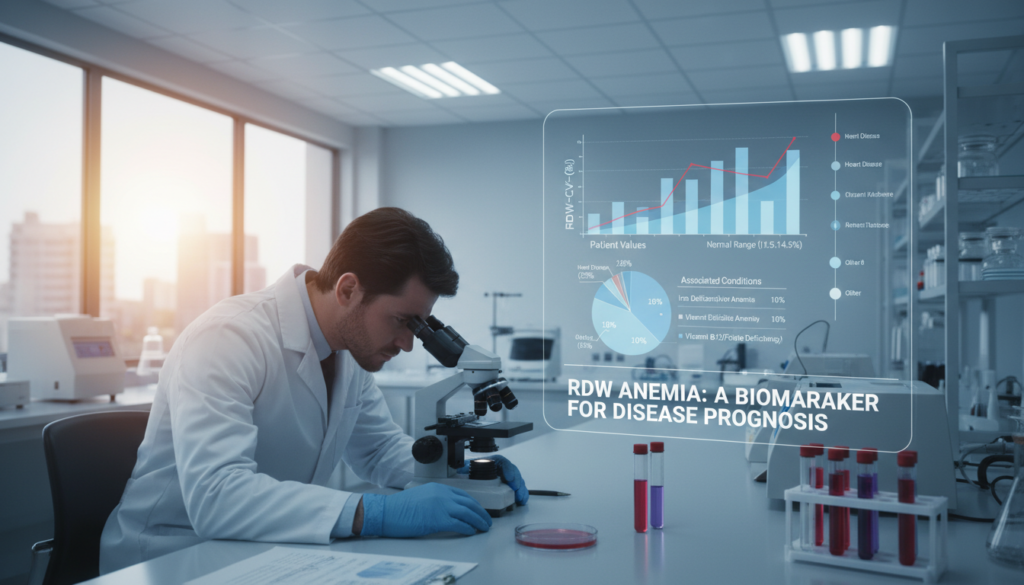 A medical illustration depicting the concept of RDW anemia and its associated clinical conditions. In the foreground, a detailed close-up of a lab technician analyzing a blood sample under a microscope, dressed in professional lab attire. In the middle ground, a digital display shows graphs and charts related to RDW values, with highlighted text indicating conditions like heart disease, inflammation, and vitamin deficiencies. The background should feature a clean, modern laboratory environment, softly illuminated with natural light from windows, creating a calm and focused atmosphere. The scene should convey a sense of professionalism and clinical precision, emphasizing the significance of RDW in medical diagnostics. A medical illustration depicting the concept of RDW anemia and its associated clinical conditions. In the foreground, a detailed close-up of a lab technician analyzing a blood sample under a microscope, dressed in professional lab attire. In the middle ground, a digital display shows graphs and charts related to RDW values, with highlighted text indicating conditions like heart disease, inflammation, and vitamin deficiencies. The background should feature a clean, modern laboratory environment, softly illuminated with natural light from windows, creating a calm and focused atmosphere. The scene should convey a sense of professionalism and clinical precision, emphasizing the significance of RDW in medical diagnostics.