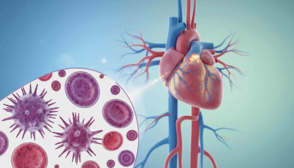 A medical illustration depicting the correlation between Platelet Distribution Width (PDW), cardiovascular disease, and inflammatory conditions. The foreground features a detailed cross-section of a platelet, showcasing its various sizes and shapes, symbolizing PDW variation. The middle ground illustrates stylized representations of inflamed blood vessels and heart anatomy, with subtle highlights to indicate areas of concern, emphasizing cardiovascular disease. The background contains a soft gradient of blues and greens, evoking a clinical atmosphere. Use soft, diffused lighting to create a calm, professional mood, and employ a slight depth of field to focus on the foreground elements. The overall composition should convey urgency and a medical perspective, suitable for a clinical setting without any text or watermarks.