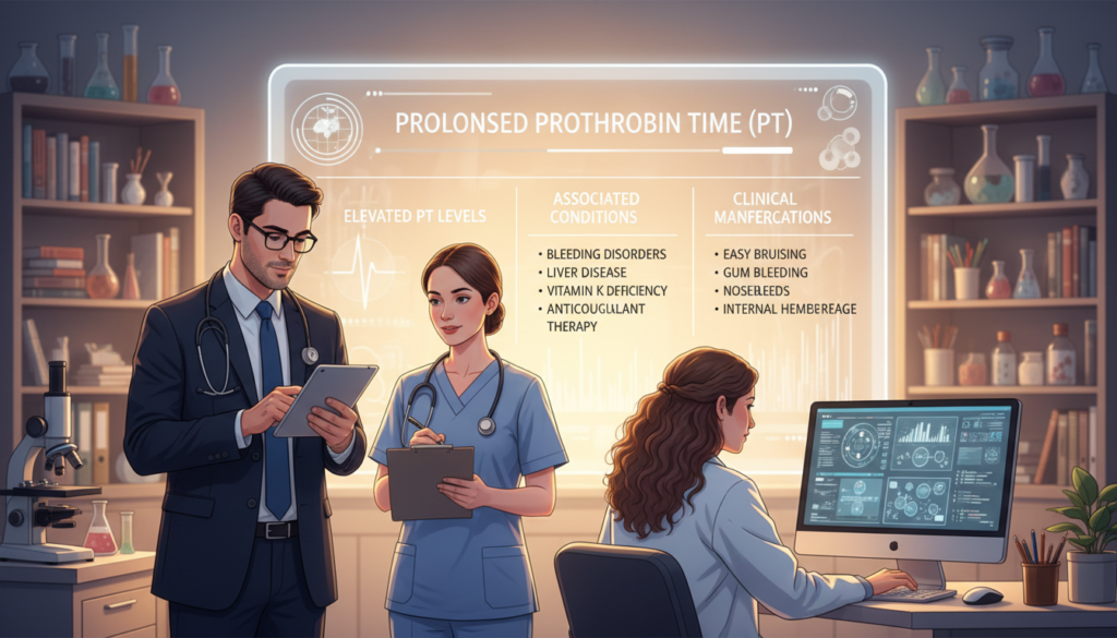 A medical illustration depicting the implications of prolonged prothrombin time (PT) in a clinical setting. In the foreground, a diverse group of healthcare professionals in professional business attire - a doctor reviewing lab results on a tablet, a nurse noting patient symptoms, and a medical researcher examining data on a computer. The middle ground shows a large, clear display charting elevated PT levels and associated health conditions like bleeding disorders, liver disease, and vitamin K deficiency. In the background, a softly lit laboratory with shelves containing medical textbooks and equipment, creating a focus on research and education. Utilize warm lighting to evoke a sense of professionalism and care, focusing on clarity and informative content, with a balanced composition that highlights collaboration in healthcare.