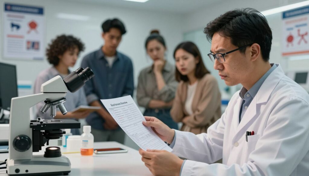 A medical professional, dressed in a white lab coat and glasses, examines a complex chart that illustrates the difficulties of early cancer detection, with an expression of concern. In the foreground, detailed medical equipment like a microscope and various lab tools hint at a busy research environment. The middle ground features a blurred group of diverse young adults, visibly anxious, in a discussion about health screenings, emphasizing a sense of urgency. The background showcases a softly lit, modern medical facility, with informational posters on cancer awareness affixed to the walls. The atmosphere is serious yet hopeful, with warm, diffused lighting highlighting the professionals' dedication and the shared struggle of understanding cancer risks. Use a slight shallow depth of field to create an intimate focus on the interaction.