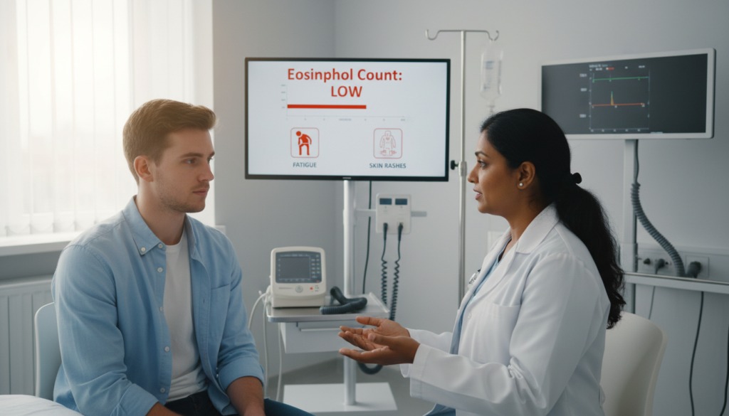 A medical professional in a white lab coat examines a patient, illustrating the symptoms of eosinopenia, set in a bright and sterile clinic environment. The foreground features the doctor, a diverse middle-aged female, engaged in conversation with the patient, a young adult male dressed in a modest, casual shirt. The middle ground showcases a medical chart detailing eosinophil counts, with graphics illustrating common symptoms, like fatigue and skin rashes, subtly incorporated. The background contains medical equipment, adding to the clinical atmosphere, with soft, natural lighting illuminating the scene, creating a reassuring and informative mood. The angle is slightly elevated, providing a clear view of both the doctor and patient, emphasizing the dialogue on health concerns. The overall composition radiates professionalism and care.