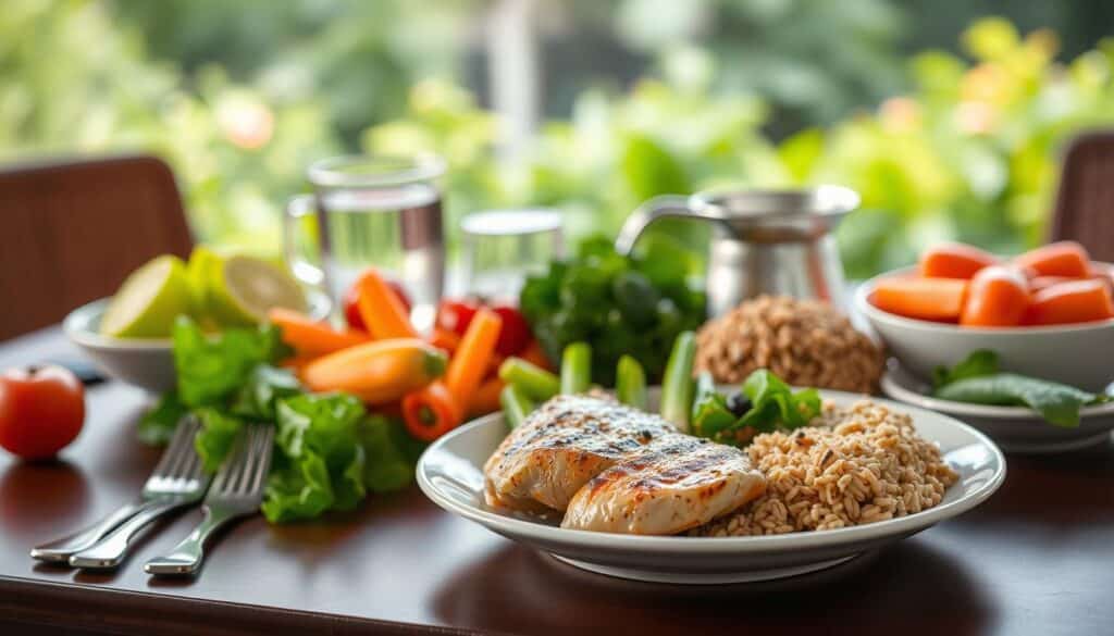 A meticulously arranged table setting showcases a balanced meal plan, featuring a variety of fresh, colorful ingredients. In the foreground, a plate displays a harmonious arrangement of grilled chicken, steamed vegetables, and a side of whole grain brown rice, exemplifying the principles of the Optavia healthy exchange list. The middle ground features a glass of water and a set of measuring cups, highlighting the importance of portion control and hydration. In the background, a lush, natural scene with soft, diffused lighting creates a calming, wellness-focused atmosphere, inviting the viewer to embrace a holistic approach to healthy eating.
