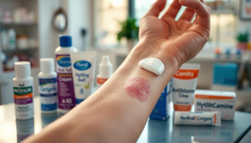 A meticulously lit close-up of a person's hand applying a soothing, calming cream or ointment to the raised, red patches of skin on their forearm, which is the primary visual focus. In the middle ground, an array of over-the-counter antihistamine and hydrocortisone creams, with a blurred background of a doctor's office or pharmacy setting. Soft, natural lighting from a nearby window bathes the scene in a warm, healing glow, conveying a sense of relief, comfort, and effective treatment for the hives condition. A meticulously lit close-up of a person's hand applying a soothing, calming cream or ointment to the raised, red patches of skin on their forearm, which is the primary visual focus. In the middle ground, an array of over-the-counter antihistamine and hydrocortisone creams, with a blurred background of a doctor's office or pharmacy setting. Soft, natural lighting from a nearby window bathes the scene in a warm, healing glow, conveying a sense of relief, comfort, and effective treatment for the hives condition.
