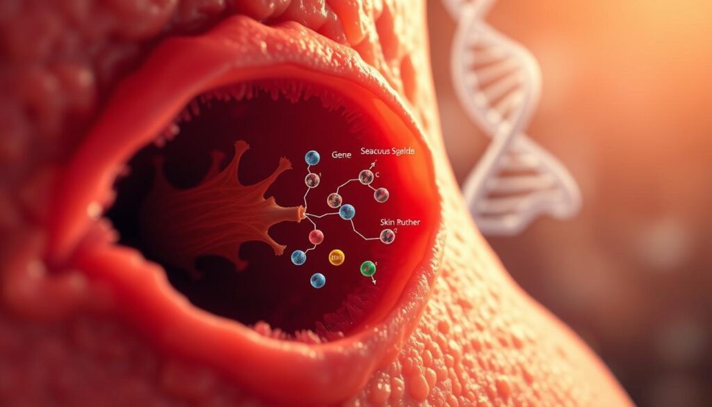 A microscopic view of the inner workings of a human skin pore, revealing the complex interplay of genetic factors that contribute to the development of acne. In the foreground, a magnified cross-section showcases the sebaceous gland, hair follicle, and surrounding skin cells. The middle ground focuses on the molecular structure of key genes and proteins involved in regulating sebum production, inflammation, and skin cell turnover. The background depicts a stylized DNA helix, representing the underlying genetic blueprint that guides the skin's physiological processes. Warm lighting casts an introspective glow, highlighting the intricacies of this biological system. Captured with a high-resolution, close-up lens to convey the scientific and medical nature of the subject matter. A microscopic view of the inner workings of a human skin pore, revealing the complex interplay of genetic factors that contribute to the development of acne. In the foreground, a magnified cross-section showcases the sebaceous gland, hair follicle, and surrounding skin cells. The middle ground focuses on the molecular structure of key genes and proteins involved in regulating sebum production, inflammation, and skin cell turnover. The background depicts a stylized DNA helix, representing the underlying genetic blueprint that guides the skin's physiological processes. Warm lighting casts an introspective glow, highlighting the intricacies of this biological system. Captured with a high-resolution, close-up lens to convey the scientific and medical nature of the subject matter.