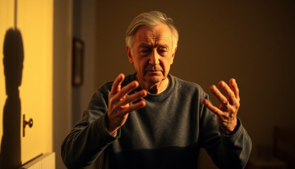 A middle-aged person with Lewy body dementia stands in a dimly lit room, their movements uncoordinated and stiff. Jerky gestures and tremors in the hands and limbs capture the characteristic motor symptoms. The subject's face appears slightly confused, with a slightly furrowed brow and vacant expression, representing the cognitive impairments. The scene is bathed in warm, soft lighting that casts long shadows, creating an atmospheric, almost melancholic mood. The background is blurred, keeping the focus on the figure and their movement difficulties, the key visual elements for illustrating the early signs of this form of dementia.