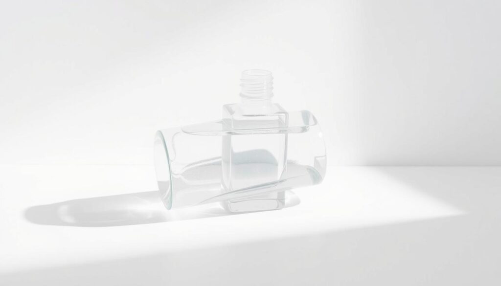 A minimalist glass bottle filled with a clear, glistening micellar solution sits atop a crisp white background. The bottle's sleek, cylindrical shape is accentuated by soft, directional lighting, casting subtle shadows that add depth and dimension. The liquid inside appears to have a slightly viscous, gel-like texture, hinting at the product's antioxidant-rich, cleansing properties. The overall composition exudes a sense of purity, simplicity, and efficacy, perfectly suited to be featured in an article on the best skincare for dry, sensitive skin.