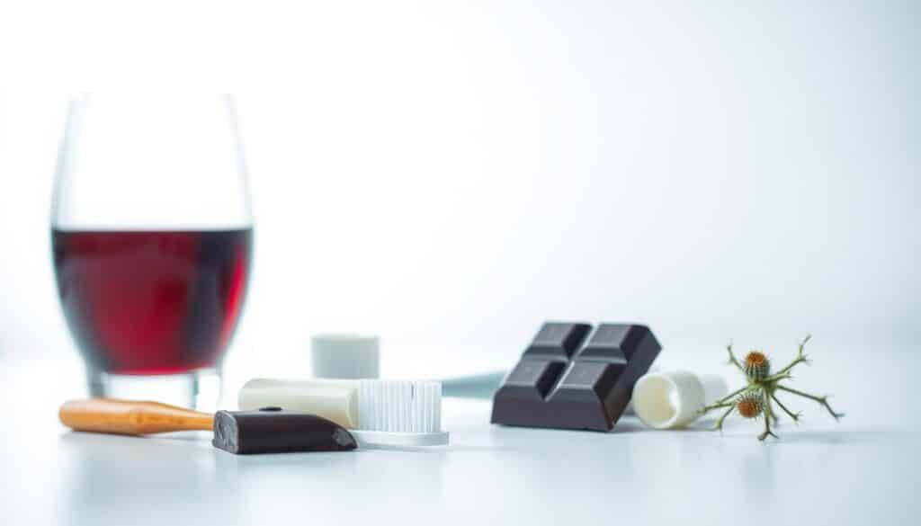 A minimalist, high-key photograph captured with a macro lens, depicting a collage of common cold sore triggers - a glass of red wine, a slice of dark chocolate, a toothbrush, a tube of lip balm, and a small, prickly plant against a clean, bright background bathed in soft, diffused lighting. The focus is sharp on the foreground objects, creating a sense of clinical detachment, while the blurred background suggests a calming, sterile medical environment. The overall mood is one of clinical objectivity, drawing the viewer's attention to the specific elements that can precipitate a cold sore outbreak.