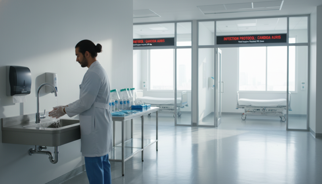 A modern healthcare facility focused on Candida auris prevention, featuring clean, sterile environments. In the foreground, a healthcare worker in professional attire demonstrates proper handwashing techniques at a designated sink area, ensuring hygiene. In the middle ground, various medical equipment such as disinfectant wipes and personal protective gear are neatly organized on a counter, emphasizing cleanliness. In the background, spacious patient rooms with clear signage on infection control practices are visible, underscoring the importance of awareness. Bright, natural lighting floods the scene, creating an atmosphere of safety and vigilance. The angle is slightly elevated, providing a comprehensive view of both the worker's actions and the well-structured facility. The overall mood conveys professionalism and an urgent commitment to preventing the spread of superbugs.