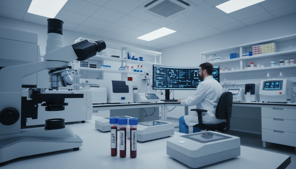 A modern laboratory setting focused on advances in coagulation testing. In the foreground, a highly detailed microscope with advanced digital features, surrounded by vials of blood samples labeled aPTT, and innovative diagnostic equipment. In the middle ground, a lab technician in professional attire carefully analyzing data on a computer screen, showcasing the integration of technology in testing procedures. The background features laboratory shelves filled with cutting-edge instruments and fluorescent lighting that adds a sterile, clinical atmosphere. The entire scene is well-lit, emphasizing the precision and sophistication of modern medical technology, with a slight depth of field to create a professional yet dynamic mood. A modern laboratory setting focused on advances in coagulation testing. In the foreground, a highly detailed microscope with advanced digital features, surrounded by vials of blood samples labeled aPTT, and innovative diagnostic equipment. In the middle ground, a lab technician in professional attire carefully analyzing data on a computer screen, showcasing the integration of technology in testing procedures. The background features laboratory shelves filled with cutting-edge instruments and fluorescent lighting that adds a sterile, clinical atmosphere. The entire scene is well-lit, emphasizing the precision and sophistication of modern medical technology, with a slight depth of field to create a professional yet dynamic mood.