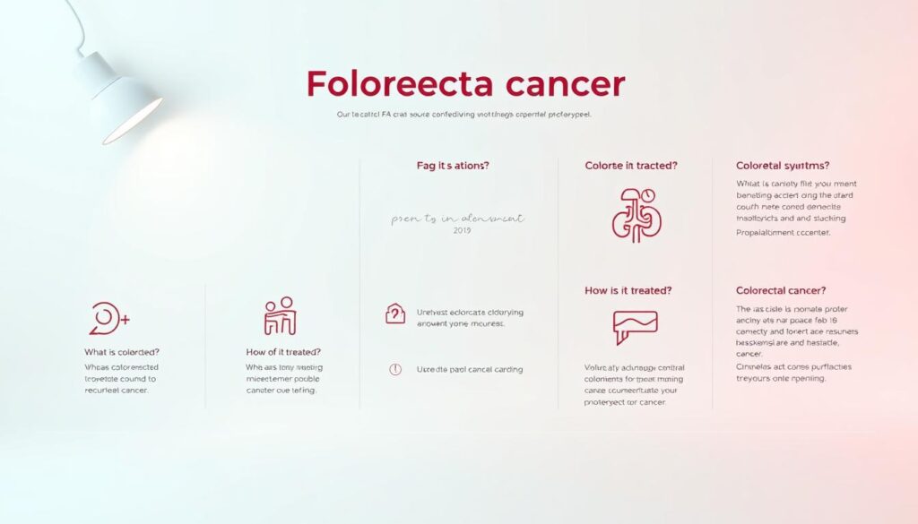 A modern, minimalist infographic layout showcasing FAQs about colorectal cancer. In the foreground, a sleek, minimal icon set depicting common questions like "What is colorectal cancer?", "What are the symptoms?", and "How is it treated?". The middle ground features clean typography and simple data visualizations to highlight key facts and statistics. The background is a soft, pastel gradient that creates a calming, informative atmosphere. Subtle lighting from the top left casts a gentle shadow, adding depth and dimensionality. The overall aesthetic is designed to be approachable, educational, and visually compelling for a medical audience. A modern, minimalist infographic layout showcasing FAQs about colorectal cancer. In the foreground, a sleek, minimal icon set depicting common questions like "What is colorectal cancer?", "What are the symptoms?", and "How is it treated?". The middle ground features clean typography and simple data visualizations to highlight key facts and statistics. The background is a soft, pastel gradient that creates a calming, informative atmosphere. Subtle lighting from the top left casts a gentle shadow, adding depth and dimensionality. The overall aesthetic is designed to be approachable, educational, and visually compelling for a medical audience.