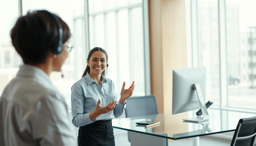 A modern, minimalist office setting with a customer service representative assisting a client. The foreground depicts a smiling customer service agent in a crisp, collared shirt, gesturing warmly and making eye contact. The middle ground shows a sleek, glass-topped desk with a computer monitor and a telephone. The background features floor-to-ceiling windows allowing natural light to flood the space, creating a serene, professional atmosphere. The lighting is soft and even, with subtle shadows adding depth. The camera angle is slightly elevated, giving a sense of openness and approachability. The overall mood conveys efficiency, attentiveness, and a commitment to providing excellent customer support.