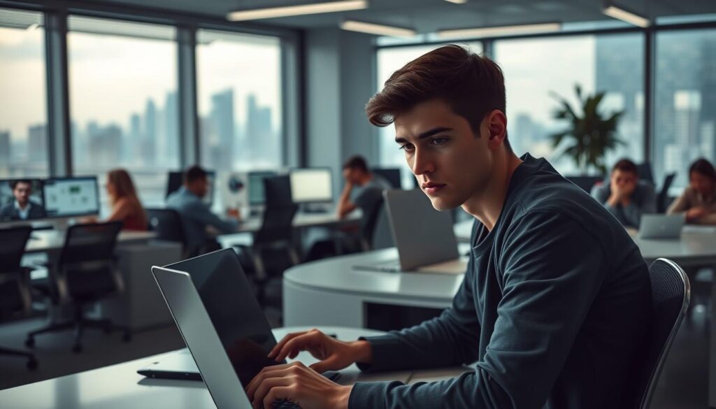A modern office space with a distant city skyline visible through large windows. In the foreground, a young professional, dressed in casual attire, sits at their desk, contemplating a laptop screen. Their facial expression conveys a sense of uncertainty and concern. In the middle ground, other workers are scattered throughout the office, some engaged in virtual meetings via webcams, while others appear distracted or disheartened. The lighting is soft, with a mix of natural daylight and artificial illumination, creating a somber, introspective atmosphere. The overall scene suggests the challenges and changes faced by young workers during the pandemic, as they navigate the shifting landscape of remote work and economic uncertainty.