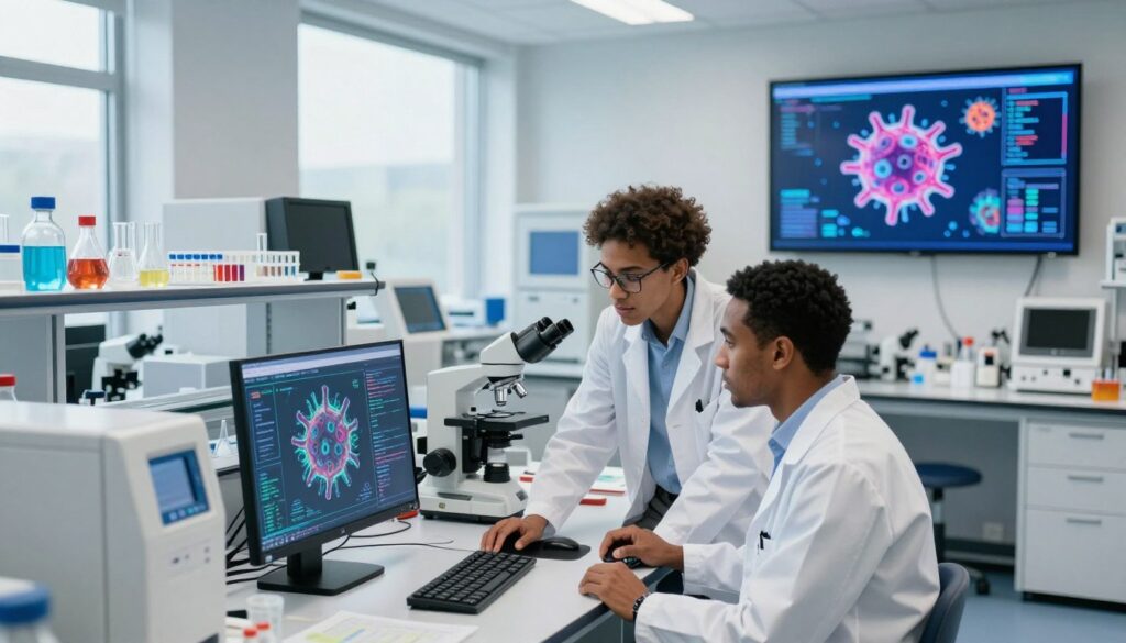 A modern research laboratory at Imperial College London focused on cancer research, featuring cutting-edge equipment and vibrant digital displays illustrating cancer cell structures. In the foreground, two diverse scientists in professional lab coats are intensely discussing data on a screen, showcasing collaboration. In the middle ground, advanced laboratory equipment like microscopes, centrifuges, and lab benches filled with samples can be seen. The background features large windows with soft natural light filtering in, creating a bright and optimistic atmosphere. The overall mood is one of innovation and determination, emphasizing progress in cancer research with a futuristic touch. High-resolution image, captured from a slightly elevated angle to encompass the entire scene.