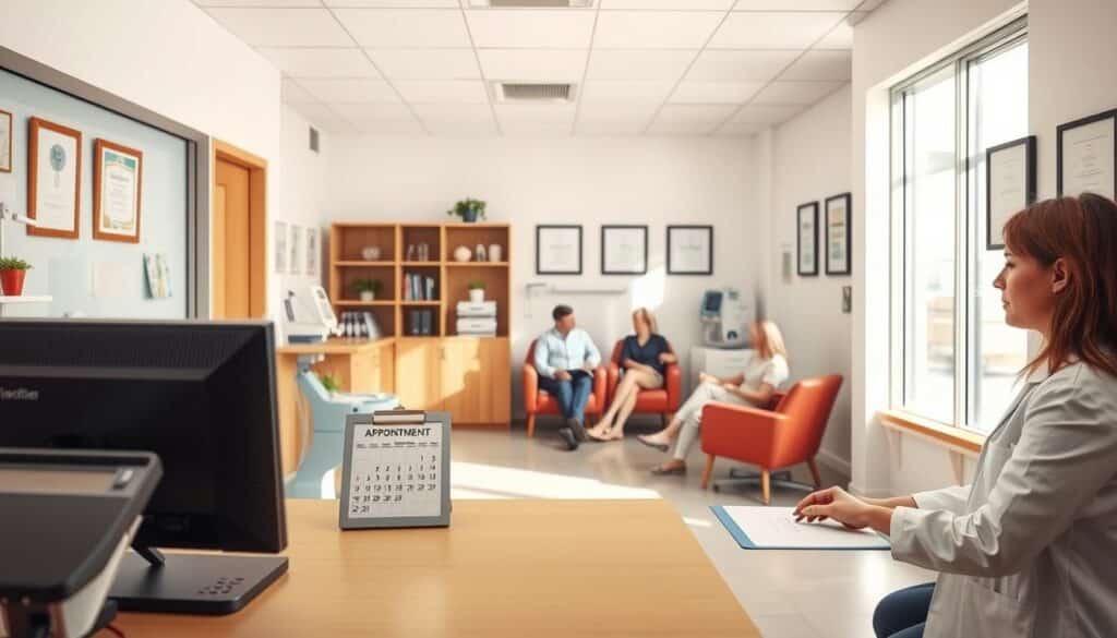 A modern, well-lit medical office with a calm, professional atmosphere. In the foreground, a receptionist's desk with a computer, phone, and appointment calendar. Middle ground, patients seated in comfortable chairs, consulting with a doctor in a white coat. Background, medical equipment and framed diplomas on the walls, conveying expertise and care. Soft, natural lighting creates a serene, welcoming environment. The overall scene reflects an organized, efficient, and patient-centric approach to scheduling appointments and managing new patient information. A modern, well-lit medical office with a calm, professional atmosphere. In the foreground, a receptionist's desk with a computer, phone, and appointment calendar. Middle ground, patients seated in comfortable chairs, consulting with a doctor in a white coat. Background, medical equipment and framed diplomas on the walls, conveying expertise and care. Soft, natural lighting creates a serene, welcoming environment. The overall scene reflects an organized, efficient, and patient-centric approach to scheduling appointments and managing new patient information.