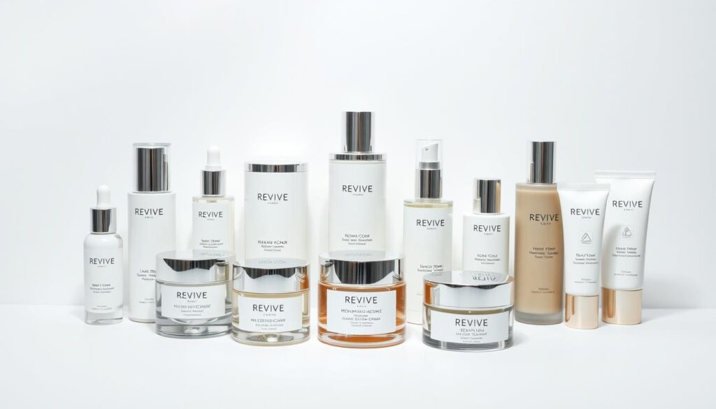 A neatly arranged display of Revive skincare products on a minimalist white background. The products include a range of jars, bottles, and tubes with elegant, sophisticated packaging designs. Soft, diffused lighting creates a clean, inviting atmosphere, highlighting the high-quality, luxurious textures and finishes of the products. The composition is visually balanced, with the products placed in an aesthetically pleasing arrangement that conveys a sense of modern, professional, and rejuvenating skincare. The overall scene evokes a feeling of calm, refined sophistication that aligns with the Revive brand identity.