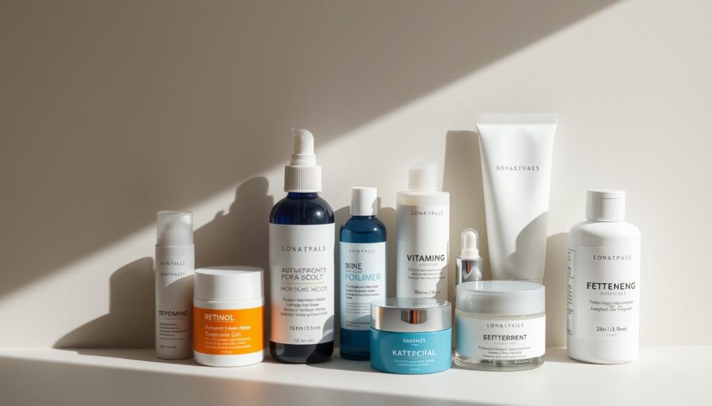 A neatly arranged still life featuring an assortment of affordable skin care products with key ingredients such as vitamin C, retinol, and hyaluronic acid. The products are evenly lit from the left side, creating soft shadows that accentuate their shapes and textures. The background is a neutral gray or beige, allowing the products to take center stage. The overall mood is clean, minimalist, and inviting, showcasing the affordability and efficacy of the skin care items. A neatly arranged still life featuring an assortment of affordable skin care products with key ingredients such as vitamin C, retinol, and hyaluronic acid. The products are evenly lit from the left side, creating soft shadows that accentuate their shapes and textures. The background is a neutral gray or beige, allowing the products to take center stage. The overall mood is clean, minimalist, and inviting, showcasing the affordability and efficacy of the skin care items.