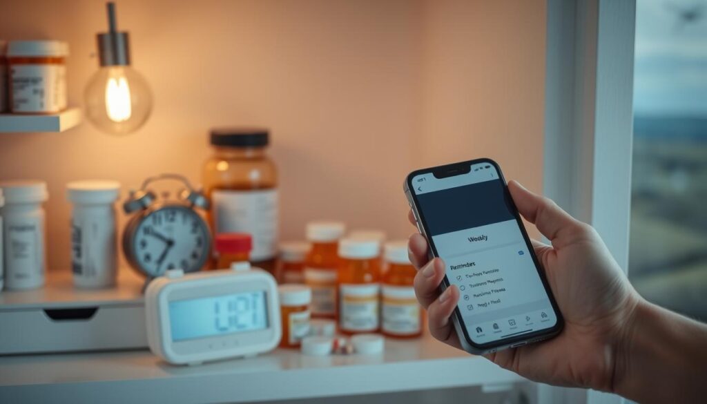 A neatly organized medicine cabinet with various pill bottles, a weekly pill organizer, a digital alarm clock, and a warm-toned table lamp illuminating the scene. In the foreground, a hand sets a daily reminder on a smartphone. The middle ground features carefully arranged prescription bottles, each labeled with a specific medication name. In the background, a soothing, blurred, and muted landscape creates a calming atmosphere, reinforcing the importance of maintaining a consistent medication routine.