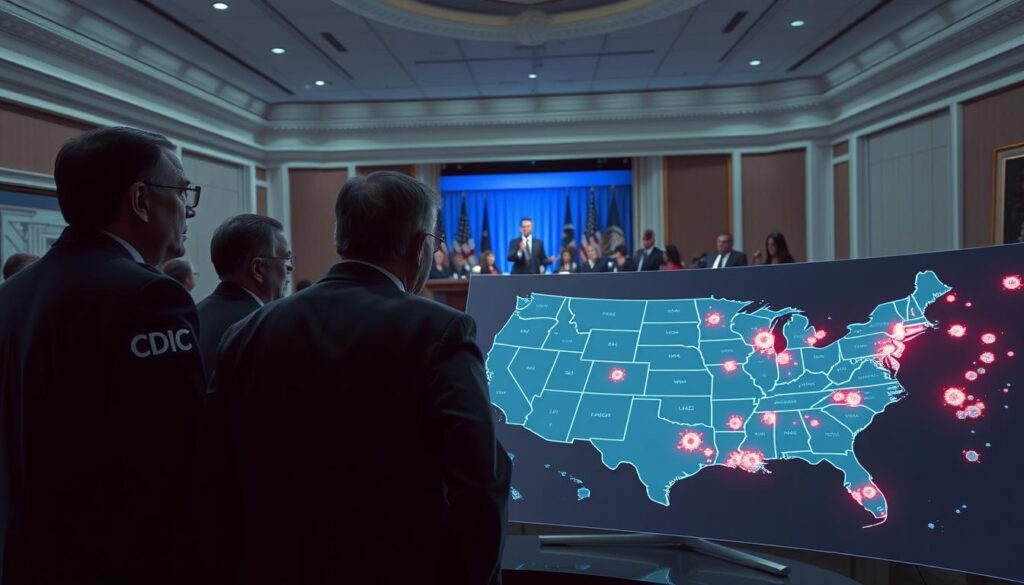 A panoramic scene depicting the government's response to a new COVID-19 variant. In the foreground, officials from the CDC and WHO huddle around a holographic display, analyzing genomic data and modeling outbreak trajectories. The middle ground shows a press conference, with the President addressing the nation, surrounded by anxious reporters. In the background, a map of the United States glows, with different regions pulsing with colored markers, indicating the variant's spread. Soft, directional lighting casts a somber, serious mood, as the experts work tirelessly to coordinate a unified public health response. A panoramic scene depicting the government's response to a new COVID-19 variant. In the foreground, officials from the CDC and WHO huddle around a holographic display, analyzing genomic data and modeling outbreak trajectories. The middle ground shows a press conference, with the President addressing the nation, surrounded by anxious reporters. In the background, a map of the United States glows, with different regions pulsing with colored markers, indicating the variant's spread. Soft, directional lighting casts a somber, serious mood, as the experts work tirelessly to coordinate a unified public health response.