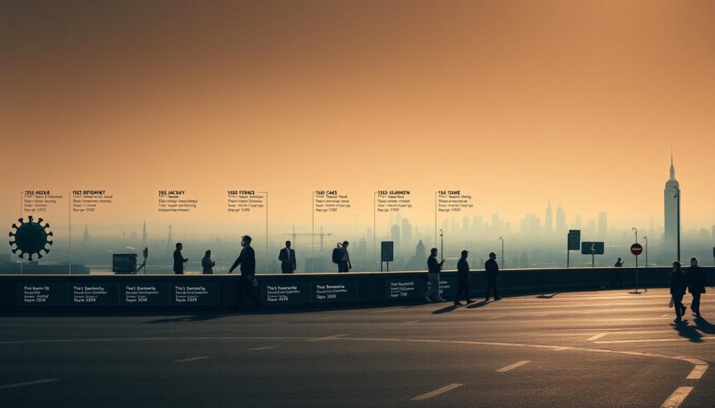 A panoramic vista showcasing key milestones in the COVID-19 pandemic timeline. In the foreground, a stylized timeline with pivotal events like the first reported cases, lockdowns, vaccine development, and global case surges depicted in an abstract, minimalist style. The middle ground features symbolic representations - a molecular model of the virus, medical personnel in protective gear, masked citizens, and empty city streets. The distant background blends somber hues, conveying the gravity and scale of this global health crisis. Dramatic cinematic lighting casts dramatic shadows, heightening the sense of weight and significance. The overall composition strikes a balance between informative clarity and emotive, artistic interpretation. A panoramic vista showcasing key milestones in the COVID-19 pandemic timeline. In the foreground, a stylized timeline with pivotal events like the first reported cases, lockdowns, vaccine development, and global case surges depicted in an abstract, minimalist style. The middle ground features symbolic representations - a molecular model of the virus, medical personnel in protective gear, masked citizens, and empty city streets. The distant background blends somber hues, conveying the gravity and scale of this global health crisis. Dramatic cinematic lighting casts dramatic shadows, heightening the sense of weight and significance. The overall composition strikes a balance between informative clarity and emotive, artistic interpretation.