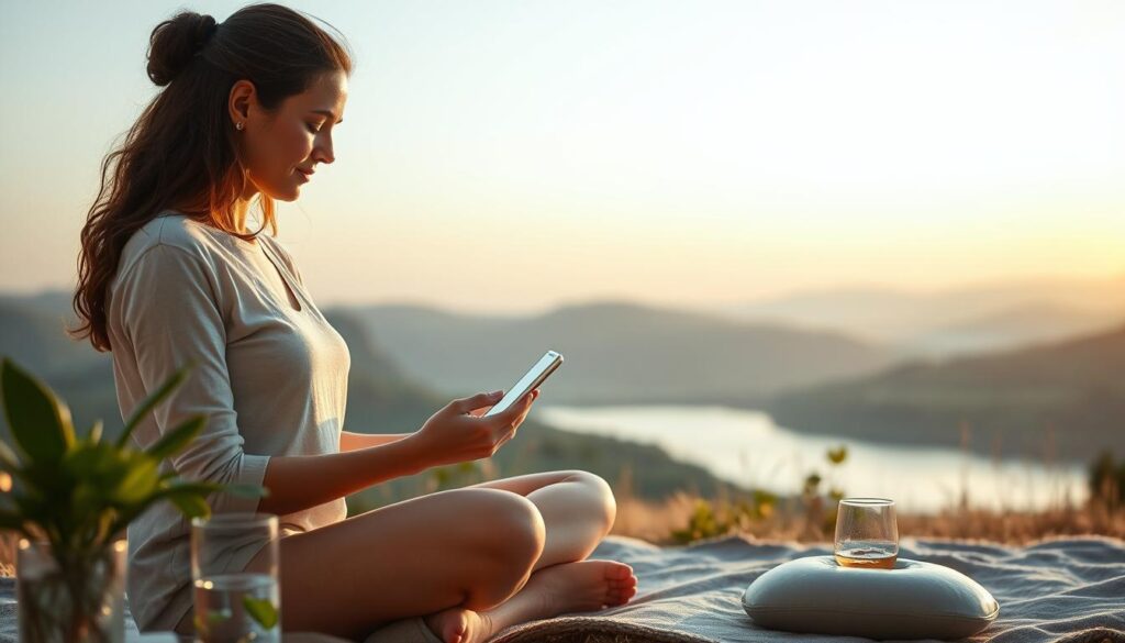A peaceful, serene scene depicting the lifestyle factors affecting ovulation tracking. In the foreground, a woman sits cross-legged, carefully monitoring her ovulation using a digital fertility tracker. She is surrounded by various lifestyle elements, such as a healthy plant, a glass of water, and a meditation cushion, all bathed in soft, natural lighting. In the middle ground, a calming landscape unfolds, with rolling hills and a serene lake reflecting the sky. The background features a gentle, hazy sunset, creating a warm, tranquil atmosphere. The overall mood is one of mindfulness, balance, and the importance of holistic self-care in optimizing fertility.