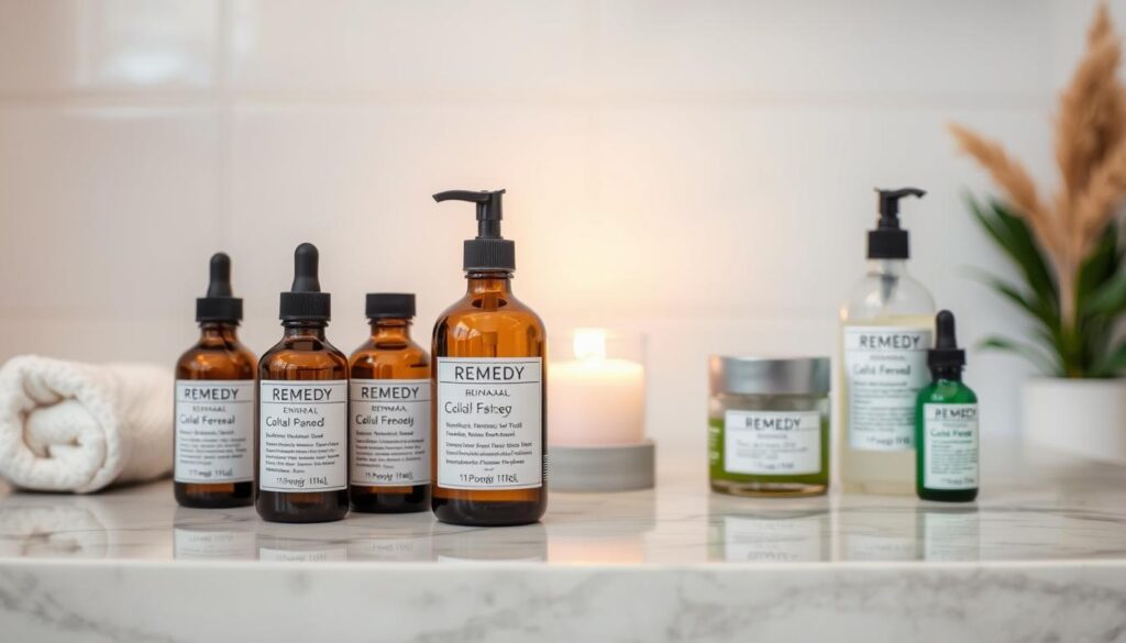 A peaceful spa-like scene showcasing various Remedy skincare products on a serene, muted-tone marble countertop. In the foreground, several glass bottles and jars filled with natural, botanical-based formulas are neatly arranged, their labels clearly visible. The middle ground features a soft, glowing light source, perhaps a candle or lamp, casting a warm, inviting ambiance. In the background, a blurred, minimalist white wall provides a clean, elegant backdrop. The overall composition conveys a sense of relaxation, quality, and attention to detail, reflecting the essence of the Remedy skincare brand.