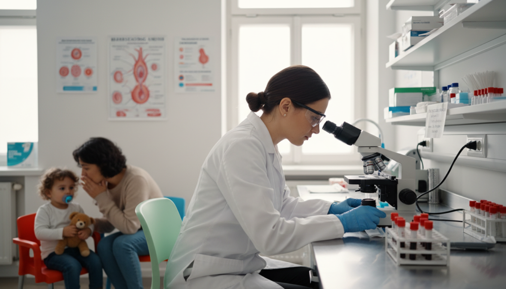 A pediatric setting showcasing reticulocyte count testing in diverse populations. In the foreground, a lab technician in a white coat and gloves, examining blood samples under a microscope, with a focused expression. In the middle, a color-coded diagram of red blood cell production hangs on the wall, while a toddler with a pacifier sits calmly in a chair nearby, comforted by a parent. The background features shelves stocked with medical supplies and educational posters about blood health. Soft, natural lighting filters in through a window, creating a calm and inviting atmosphere. The image captures a blend of professionalism and warmth, emphasizing the importance of testing in young patients. Lens focused on the technician, with a slight blur on the background to draw attention to the critical work being done.