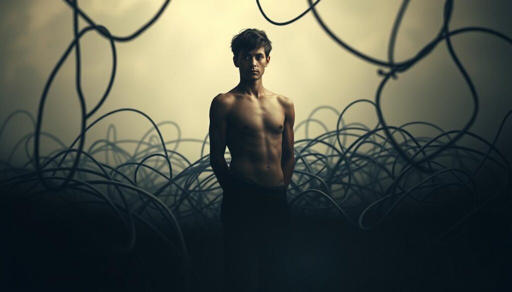 A pensive figure standing amidst a maze of tangled, shadowy lines, symbolizing the complex psychological landscape of eating disorders. Soft lighting casts a somber, contemplative mood, while the figure's posture and expression convey a sense of introspection and inner turmoil. The background is hazy and dreamlike, suggesting the subjective, personal nature of this mental health challenge. Subtle details, such as the figure's facial features and the texture of the lines, add depth and nuance to the overall composition, inviting the viewer to pause and reflect on the multifaceted psychological aspects of eating disorders.