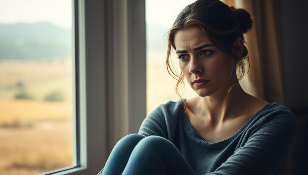 A pensive woman sits alone, her expression troubled as she contemplates the complex interplay of her hormones and mental health. Soft, natural light filters through a window, casting a delicate glow upon her face, highlighting the subtle signs of distress. In the background, a hazy, dreamlike landscape suggests the inner turmoil she experiences, the boundaries between reality and her emotional state blurred. The composition invites the viewer to empathize with her struggle, to understand the profound impact that hormonal imbalances can have on a woman's wellbeing and mental resilience.