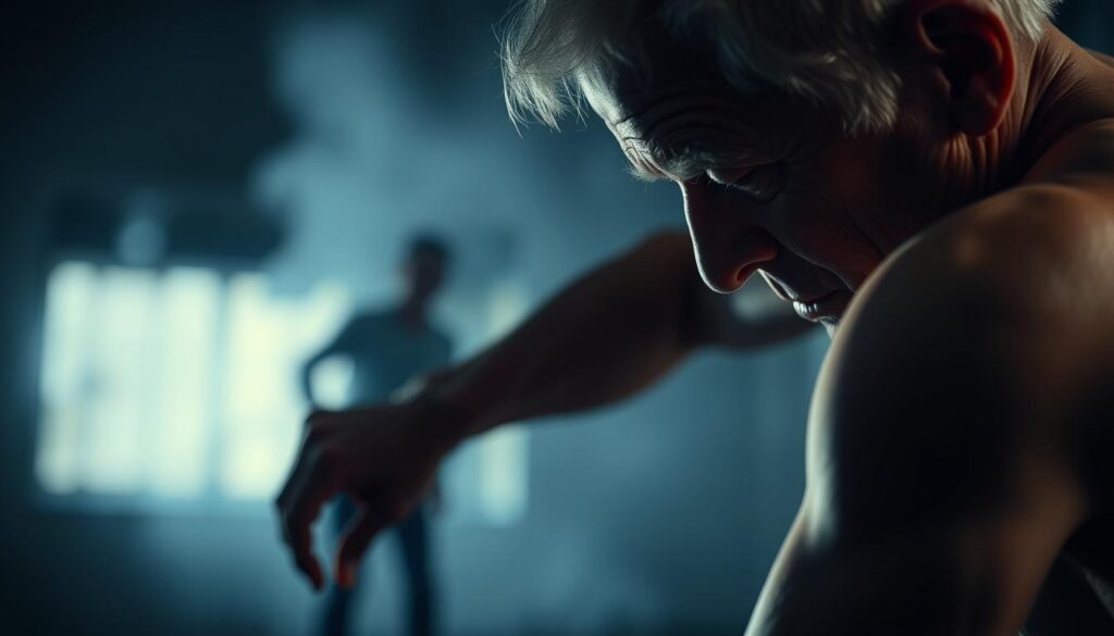 A person struggling with involuntary movements, tremors, and muscle rigidity, their body contorted and off-balance, conveying the physical manifestations of Lewy body dementia. The foreground depicts the individual's upper torso and head, captured in an intimate close-up with dramatic chiaroscuro lighting, emphasizing the tension and distress in their facial expression. The middle ground blurs into a dimly lit, hazy environment, evoking a sense of isolation and disorientation. The background fades into an ambiguous, shadowy realm, suggesting the cognitive and neurological challenges associated with this condition. The overall mood is one of unease, conveying the profound impact of movement disorders on the individual's quality of life.