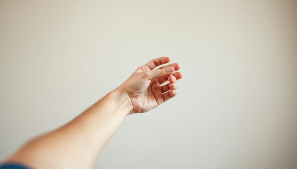 A person's hand and arm trembling uncontrollably, displaying the characteristic shaking motion associated with Parkinson's disease. The foreground shows the affected limb in sharp focus, with a soft, muted background to emphasize the movement. The lighting is natural and subdued, creating a sense of tranquility and introspection. The image aims to convey the physical challenges faced by individuals living with Parkinson's, reflecting the connections between this movement disorder and Lewy body dementia.