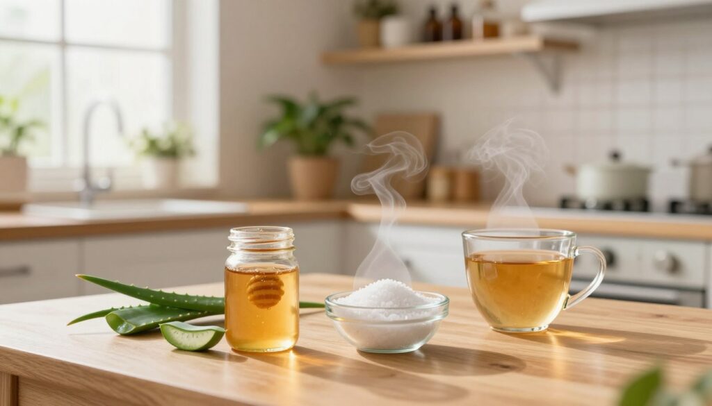A pleasant and serene home remedy setting for treating an oral mucosal lump. In the foreground, a wooden kitchen table displays natural remedies like honey, aloe vera, and a small bowl of salt water for rinsing. A glass of warm herbal tea sits nearby, steam gently rising. In the middle, a softly lit kitchen with pastel-colored walls, a potted plant adding a touch of life. Sunlight filters through a window, casting a warm glow, enhancing the calming atmosphere. In the background, shelves lined with herbal books and essential oils reflect a homey vibe. The focus is on the remedies, illustrating a sense of comfort and hope, emphasizing the theme of self-care and natural healing. The overall mood is warm, inviting, and soothing.