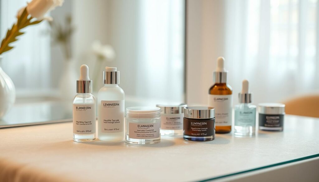 A pristine glass vanity top displaying an assortment of hydrating serums for sensitive skin. In the foreground, several sleek, minimalist bottles and jars in soothing pastel hues sit atop a soft, textured surface. The middle ground features a warm, diffused lighting that gently illuminates the products, creating a sense of tranquility. In the background, a blurred, ethereal backdrop suggests a serene, spa-like environment, evoking a calming and restorative atmosphere. The overall composition highlights the delicate nature of the serums, inviting the viewer to imagine their nourishing effects on sensitive complexions.