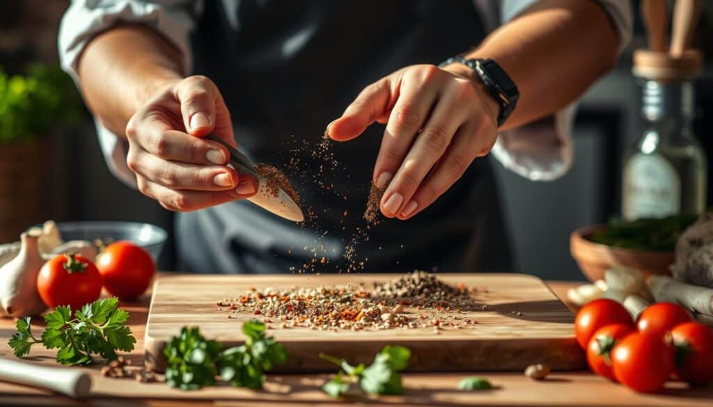 A professional chef's hands delicately sprinkling a variety of aromatic spices and herbs onto a cutting board, with an array of freshly prepared ingredients surrounding them. The scene is bathed in warm, natural lighting, creating a cozy, inviting atmosphere. The focus is sharp on the hands, while the background is softly blurred, emphasizing the intricate motions and the carefully selected seasonings. The composition draws the viewer's attention to the chef's expertise and the art of thoughtful ingredient pairing, reflecting the "Chef's Tips and Ingredient Pairings" section of the article. A professional chef's hands delicately sprinkling a variety of aromatic spices and herbs onto a cutting board, with an array of freshly prepared ingredients surrounding them. The scene is bathed in warm, natural lighting, creating a cozy, inviting atmosphere. The focus is sharp on the hands, while the background is softly blurred, emphasizing the intricate motions and the carefully selected seasonings. The composition draws the viewer's attention to the chef's expertise and the art of thoughtful ingredient pairing, reflecting the "Chef's Tips and Ingredient Pairings" section of the article.