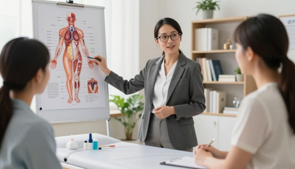 A professional female healthcare provider in a bright, welcoming office, wearing a smart blazer and glasses, stands next to a large anatomical chart detailing female anatomy, specifically focusing on labial structure. In the foreground, a sterile examination table hints at a clinical environment, adorned with a few medical instruments neatly arranged. The middle ground contains the healthcare provider engaging in conversation with a patient, who appears comfortable and attentive. The background features shelves filled with medical books and calming plants, creating a serene atmosphere. The soft, natural lighting enhances a professional yet approachable mood, while a slight depth of field blurs the background, emphasizing the focus on the healthcare professional and the informative setting.