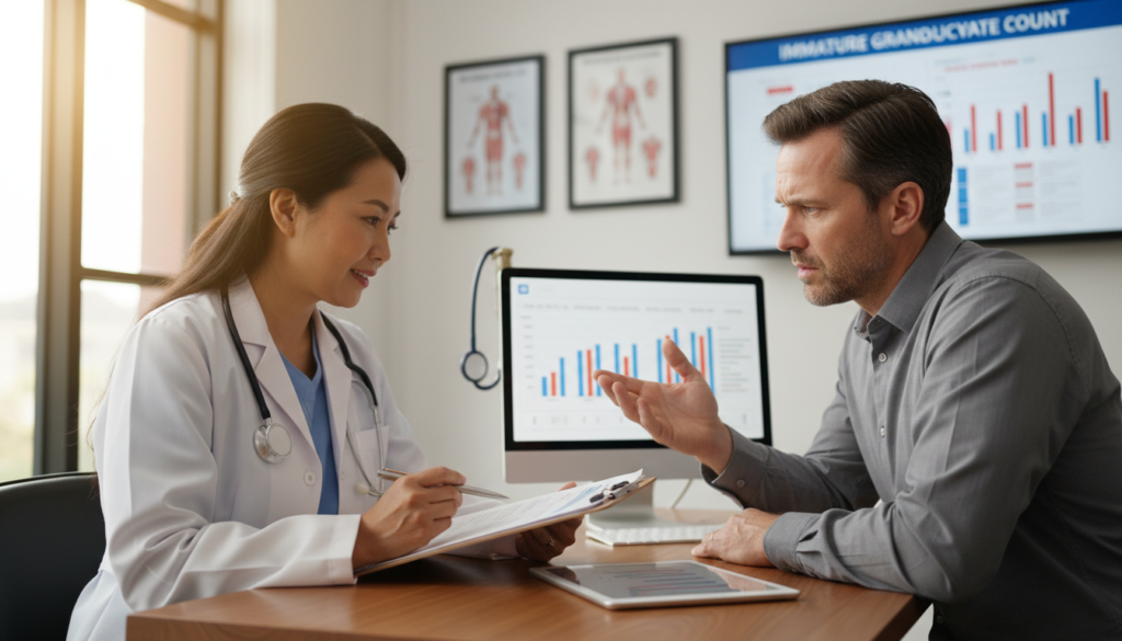 A professional healthcare consultation scene in a modern medical office, focused on a doctor and a patient discussing the interpretation of an immature granulocyte test. The foreground features a middle-aged Asian female doctor in a white lab coat, holding a clipboard, with a warm and attentive expression. The middle layer shows a concerned Caucasian male patient in a collared shirt, sitting across the desk, leaning slightly forward as he asks questions. The background includes medical charts on the walls, a stethoscope, and a computer with health data visible. Soft, natural lighting creates an inviting atmosphere, highlighting the importance of communication and care in understanding health results. The angle captures both faces to emphasize dialogue and engagement, conveying a sense of professionalism and support. A professional healthcare consultation scene in a modern medical office, focused on a doctor and a patient discussing the interpretation of an immature granulocyte test. The foreground features a middle-aged Asian female doctor in a white lab coat, holding a clipboard, with a warm and attentive expression. The middle layer shows a concerned Caucasian male patient in a collared shirt, sitting across the desk, leaning slightly forward as he asks questions. The background includes medical charts on the walls, a stethoscope, and a computer with health data visible. Soft, natural lighting creates an inviting atmosphere, highlighting the importance of communication and care in understanding health results. The angle captures both faces to emphasize dialogue and engagement, conveying a sense of professionalism and support.
