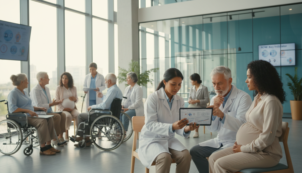 A professional healthcare setting featuring a diverse group of elderly patients and pregnant women, engaged in discussions with healthcare providers. In the foreground, a focused scene of a healthcare provider analyzing RDW data on a tablet, with a thoughtful elderly patient in a white coat and a pregnant woman in modest, professional attire. In the middle ground, varied age groups of elderly individuals seated in a consultation area, showcasing diversity in ethnicity and gender, interspersed with attentive pregnant women. The background should depict a modern clinic environment with soft, warm lighting, large windows allowing natural light to create an inviting atmosphere. The composition captures a sense of care, attention, and medical importance, emphasizing the nuanced variations of RDW across these specific populations. The angle should be slightly elevated for a comprehensive view, fostering a professional and informative mood. A professional healthcare setting featuring a diverse group of elderly patients and pregnant women, engaged in discussions with healthcare providers. In the foreground, a focused scene of a healthcare provider analyzing RDW data on a tablet, with a thoughtful elderly patient in a white coat and a pregnant woman in modest, professional attire. In the middle ground, varied age groups of elderly individuals seated in a consultation area, showcasing diversity in ethnicity and gender, interspersed with attentive pregnant women. The background should depict a modern clinic environment with soft, warm lighting, large windows allowing natural light to create an inviting atmosphere. The composition captures a sense of care, attention, and medical importance, emphasizing the nuanced variations of RDW across these specific populations. The angle should be slightly elevated for a comprehensive view, fostering a professional and informative mood.