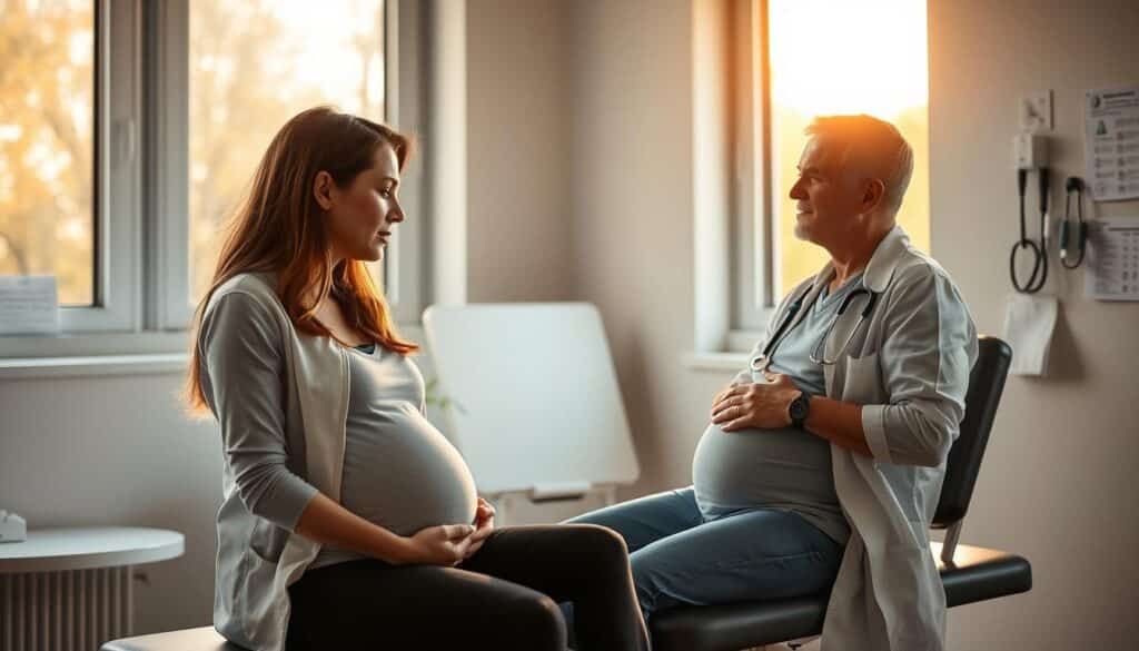 A professional medical consultation room, with a pregnant woman sitting on an examination table, discussing her condition with a caring, attentive doctor. The scene is lit by warm, natural lighting filtering through large windows, creating a calming, reassuring atmosphere. The doctor is leaning forward, listening intently, while the woman's expression conveys a mix of nervousness and trust. The room is well-equipped, with medical instruments and charts lining the walls, suggesting a high level of expertise and care. The composition highlights the doctor-patient interaction, emphasizing the importance of open communication and personalized medical advice during pregnancy.