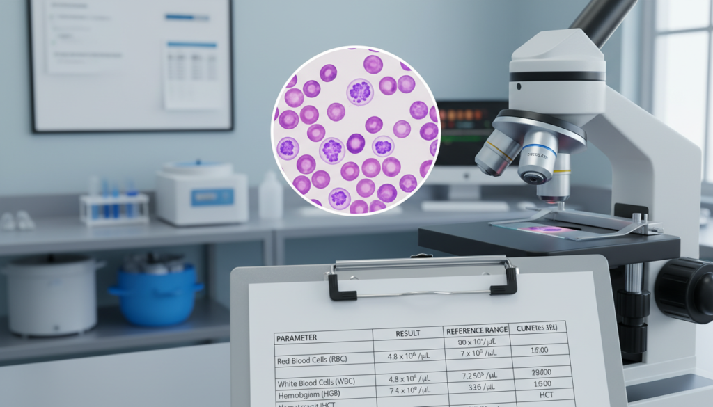 A professional medical illustration comparing a Complete Blood Count (CBC) test with a blood smear analysis. In the foreground, place a detailed CBC report displaying key metrics like red blood cells, white blood cells, and platelets, elegantly arranged on a clipboard. In the middle, illustrate a high-resolution blood smear slide under a microscope, showcasing various blood cell types like lymphocytes, neutrophils, and platelets, emphasizing their distinct shapes and colors. The background features a softly blurred clinical laboratory environment, with laboratory equipment and a patient information board, creating a sterile and informative atmosphere. Use bright, natural lighting that highlights the details of the blood tests, aiming for a clear and educational visual tone suitable for a medical audience. A professional medical illustration comparing a Complete Blood Count (CBC) test with a blood smear analysis. In the foreground, place a detailed CBC report displaying key metrics like red blood cells, white blood cells, and platelets, elegantly arranged on a clipboard. In the middle, illustrate a high-resolution blood smear slide under a microscope, showcasing various blood cell types like lymphocytes, neutrophils, and platelets, emphasizing their distinct shapes and colors. The background features a softly blurred clinical laboratory environment, with laboratory equipment and a patient information board, creating a sterile and informative atmosphere. Use bright, natural lighting that highlights the details of the blood tests, aiming for a clear and educational visual tone suitable for a medical audience.