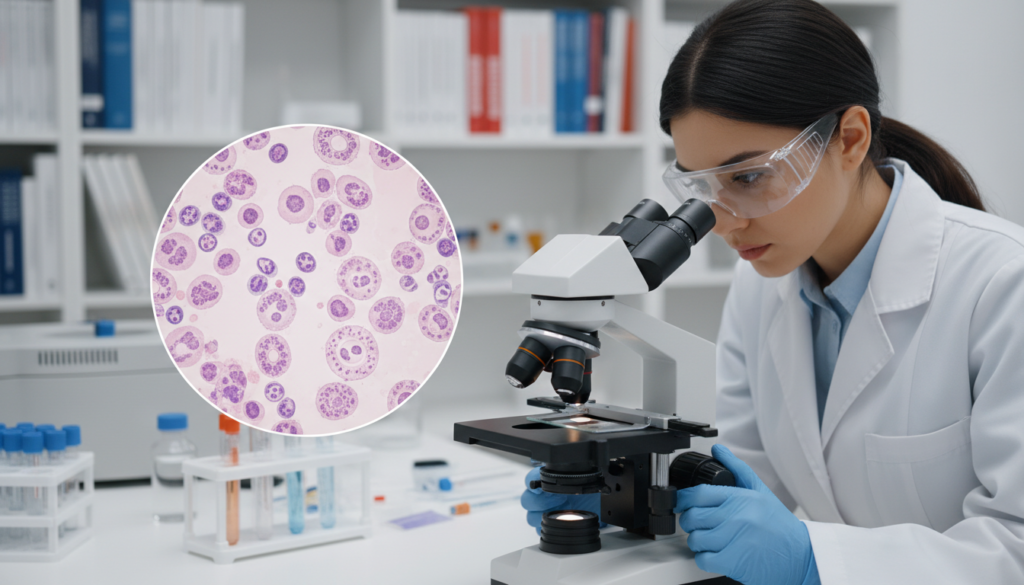 A professional medical laboratory setting featuring a close-up, well-lit microscope displaying a slide with mature and immature granulocytes. In the foreground, clear details of the stained blood smear should be visible, highlighting the immature granulocytes as distinct, lighter-colored cells among the other blood components. In the middle ground, a lab technician in a white lab coat examines the slide, wearing protective eyewear and focused on the results. The background should show well-organized lab equipment and a soft-focus of shelves with medical journals, creating an academic and informative atmosphere. The lighting is bright and clinical, emphasizing clarity and precision, with a slight depth of field to draw attention to the foreground details without distractions. The mood is professional and insightful, perfect for interpretation discussions. A professional medical laboratory setting featuring a close-up, well-lit microscope displaying a slide with mature and immature granulocytes. In the foreground, clear details of the stained blood smear should be visible, highlighting the immature granulocytes as distinct, lighter-colored cells among the other blood components. In the middle ground, a lab technician in a white lab coat examines the slide, wearing protective eyewear and focused on the results. The background should show well-organized lab equipment and a soft-focus of shelves with medical journals, creating an academic and informative atmosphere. The lighting is bright and clinical, emphasizing clarity and precision, with a slight depth of field to draw attention to the foreground details without distractions. The mood is professional and insightful, perfect for interpretation discussions.