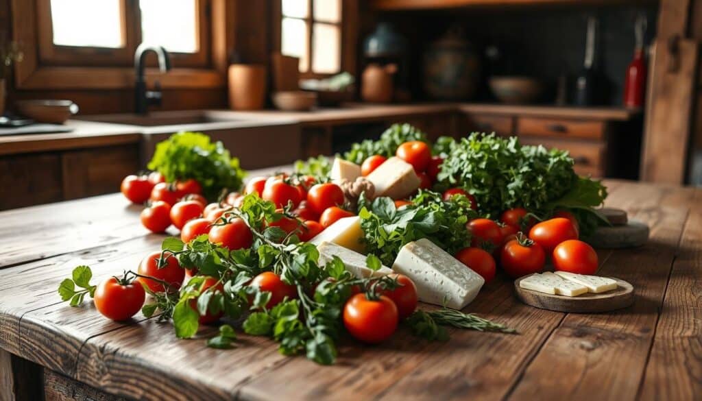 A rustic wooden farmhouse table, its surface scattered with an array of freshly harvested ingredients - plump tomatoes, crisp lettuce leaves, vibrant herbs, and creamy artisanal cheeses. Soft, diffused natural light filters through a nearby window, casting a warm glow over the scene. The table is positioned in a cozy, well-worn kitchen, its worn wooden beams and inviting details hinting at the care and tradition that have shaped this space. The overall mood is one of homespun abundance, a celebration of the bounty of the land and the simple pleasures of farmhouse living.