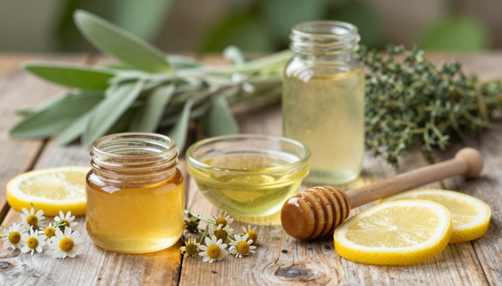 A rustic wooden table adorned with an array of alternative sore throat remedy ingredients. In the foreground, a honey jar with a honey dipper glistens under soft, warm lighting, surrounded by fresh lemon slices and a handful of loose chamomile flowers. In the middle, a small bowl of olive oil sits beside a jar of apple cider vinegar, both exuding natural textures. The background features a blurred collection of herbal leaves, such as sage and thyme, creating a serene garden setting. The atmosphere feels calming and inviting, emphasizing health and wellness with a focus on natural remedies. Use a soft focus lens effect to enhance the soothing mood and warm color palette, capturing the essence of a holistic approach to throat relief.