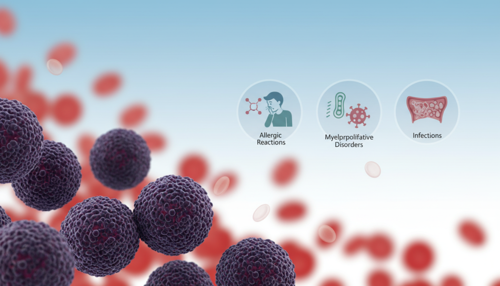 A scientifically accurate illustration depicting elevated basophil levels, showcasing microscopic images of basophils in a vibrant blood sample. In the foreground, a close-up of basophils with their characteristic large, purplish granules, highlighted against a slightly blurred background of red blood cells. In the middle ground, an infographic-style representation of common causes of basophilia, such as allergic reactions, infections, and certain blood disorders, illustrated with subtle icons. The background features a soft gradient transitioning from blue to white, conveying a calm yet clinical atmosphere. The lighting is bright and even, simulating a lab environment, with a slight focus effect on the basophils. Overall, the image should evoke a sense of scientific inquiry and professionalism, suitable for educational purposes.