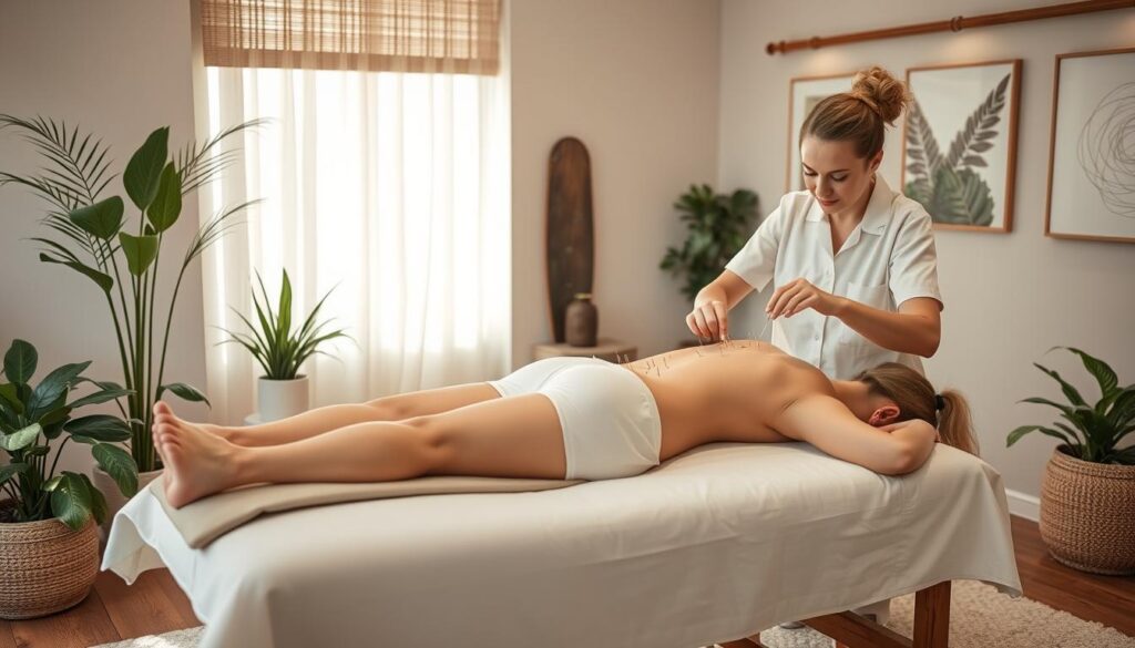 A serene acupuncture treatment room with soft, natural lighting. A patient lies comfortably on a padded table, various acupuncture needles strategically placed along their abdomen, back, and limbs to address premenstrual symptoms. The therapist, dressed in a clean, professional uniform, carefully inserts the needles with a gentle, healing touch. The room is adorned with soothing plants, calming wall art, and the gentle sound of a water feature in the background, creating an atmosphere of tranquility and wellness. The scene conveys the therapeutic benefits of acupuncture for relieving premenstrual discomfort and promoting holistic well-being.