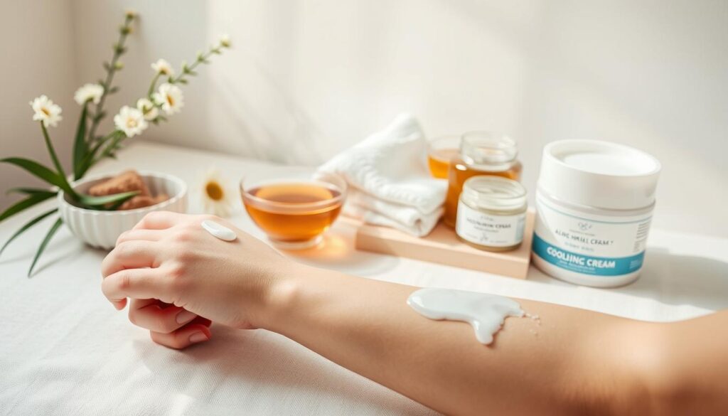 A serene and calming scene depicting the process of minimizing waxing discomfort. In the foreground, a person's arm is shown being gently attended to, with a soothing aloe vera gel being applied to the recently waxed area. The lighting is soft and diffuse, creating a relaxing atmosphere. In the middle ground, various calming and soothing items are displayed, such as a bowl of chamomile tea, a soft towel, and a jar of cooling menthol cream. The background features a tranquil, minimalist setting, with neutral tones and clean lines, evoking a sense of serenity and control. The overall mood is one of care, comfort, and relief, emphasizing the importance of proper post-waxing self-care.