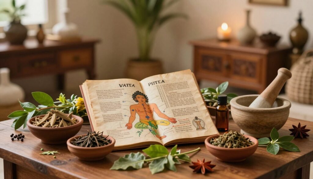 A serene and harmonious scene depicting Ayurvedic remedies and the three doshas—Vata, Pitta, and Kapha. In the foreground, a wooden table with various vibrant herbs, spices, and essential oils, arranged artistically with clay bowls and a mortar and pestle. The middle ground features an ancient Ayurvedic manuscript opened to a colorful illustration of the doshas, surrounded by natural elements like leaves and flowers. The background portrays a tranquil Ayurvedic clinic with traditional wooden furniture and soft, warm lighting, casting gentle shadows. A calming atmosphere invites reflection, highlighting the deep-rooted history of Ayurveda in Indian culture. The image should be well-lit with a soft-focus effect, capturing the essence of healing and balance in nature.